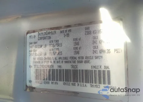 1999 Dodge Dakota Slt/Sport из США, поврежденный, VIN 1B7GL22X6XS246870